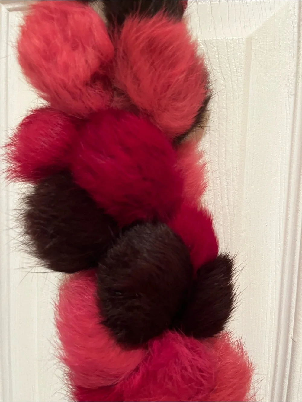 Women’s Red Multi Pom-Pom Scarf. Rabbit fur.
